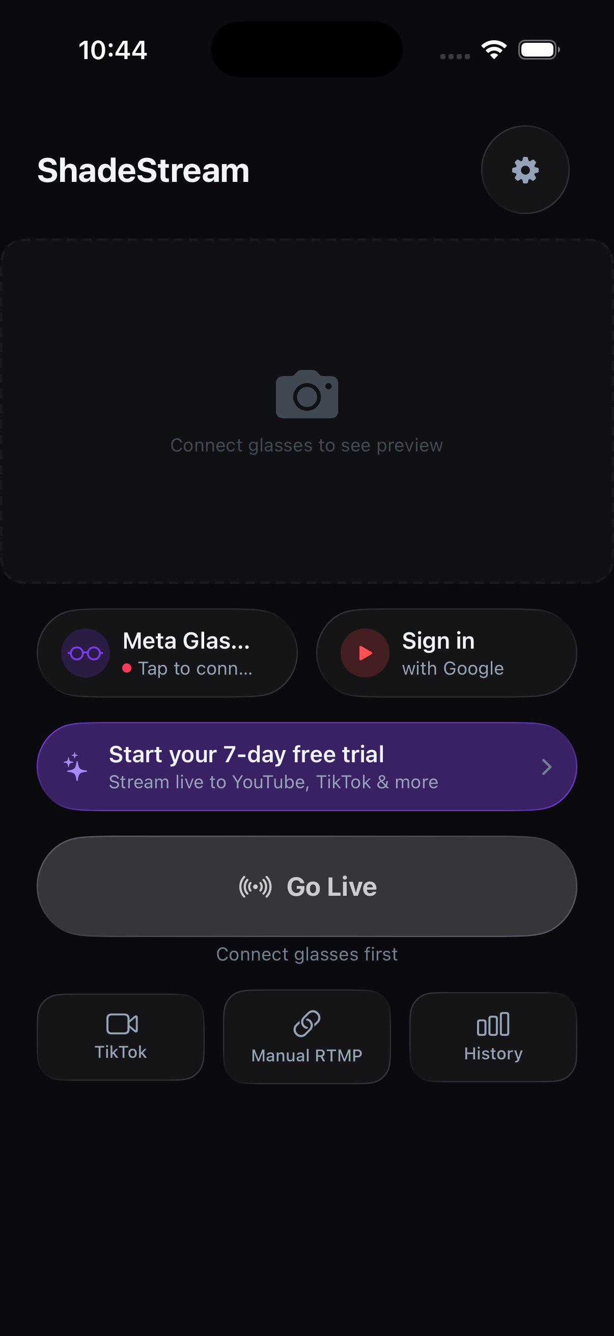 ShadeStream home screen showing the glasses preview, connection controls, trial banner, and streaming destinations